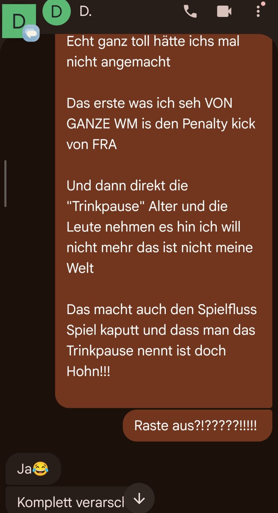Chat-Screenshot: Nachricht über den Frust während des WM-Achtelfinales und die als Trinkpause getarnte Werbepause.